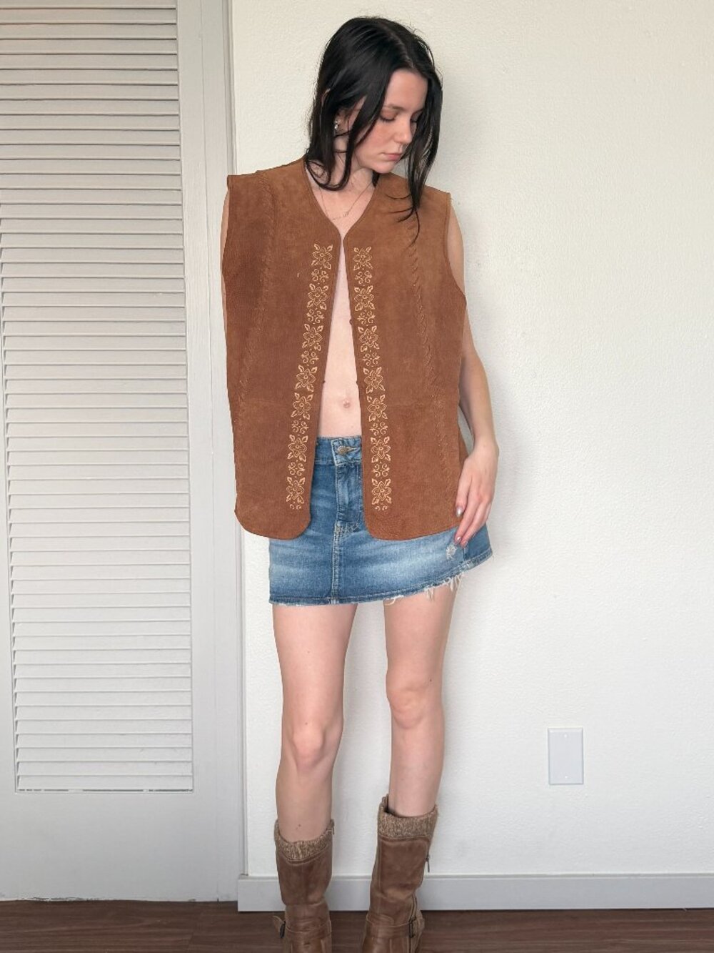 Y2K Leather Vest (XL) brown vintage womens suede camel western boho hippie fall